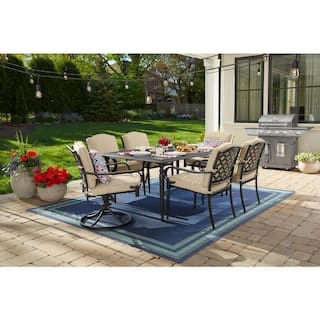 laurel oaks 7-piece dark brown steel outdoor patio dining set with cushionguard putty cushions, minor cosmetic scratches on table top and chairs