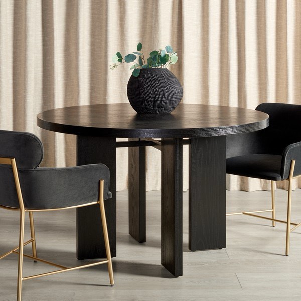 Modern Calamaria Round Wood Dining Table, Black Finish, Flat Style Leg Bases, 47.75" X 47.75" X 30"