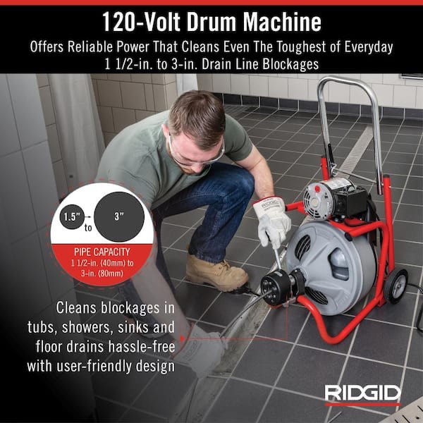 RIDGID Drain Cleaning Machine: Corded, K-400, For 1 1/2 in to 4 in Pipe, 3/8 in Cable Dia., Manual