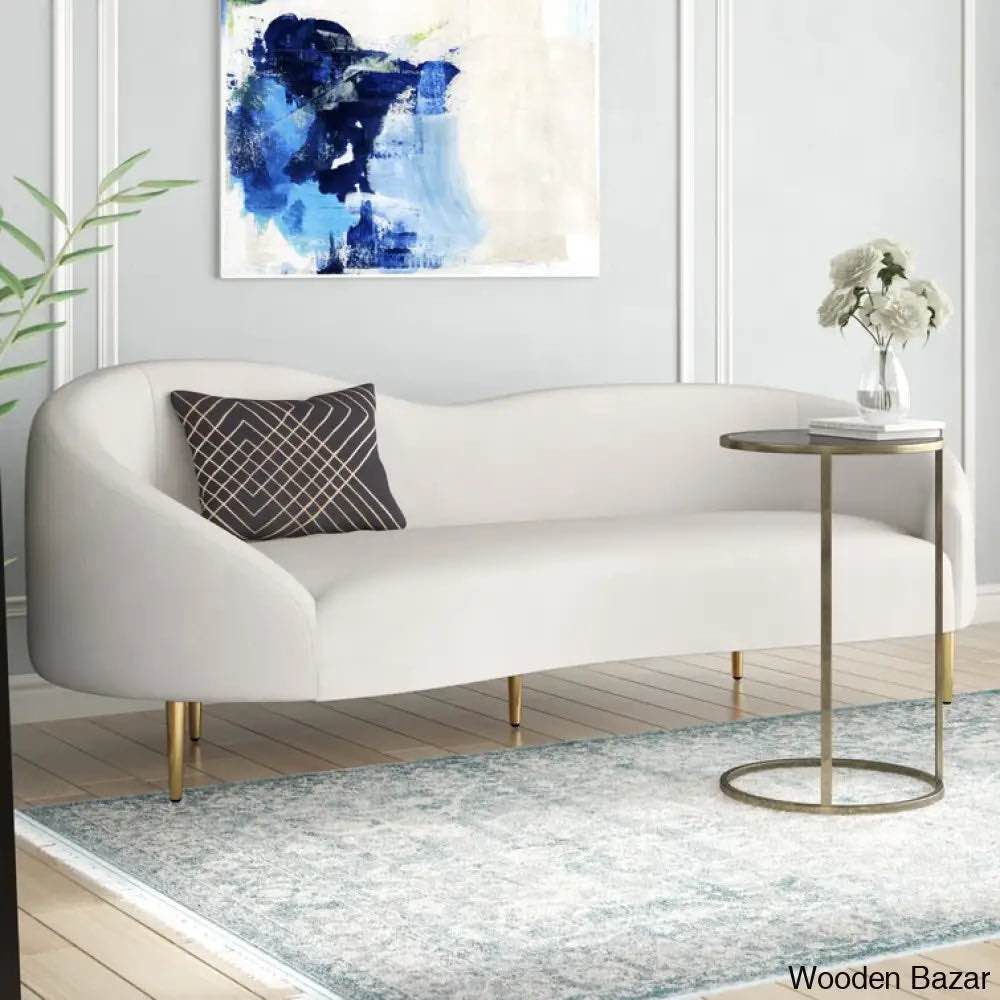 Shurtz Modern 85.5'' White Crushed Velvet Sofa with Shiny Gold Legs, 30.5'' H X 85.5'' W X 31.75'' D