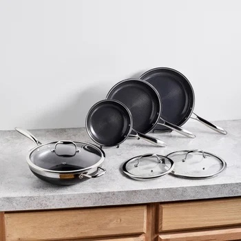 HexClad Hybrid Nonstick Pan Set, 8, 10, and 12-Inch Frying Pans with Tempered Glass Lids and 12-Inch Wok, Stay-Cool Handles, Dishwasher-Friendly, Induction Ready, Compatible with All Cooktops
