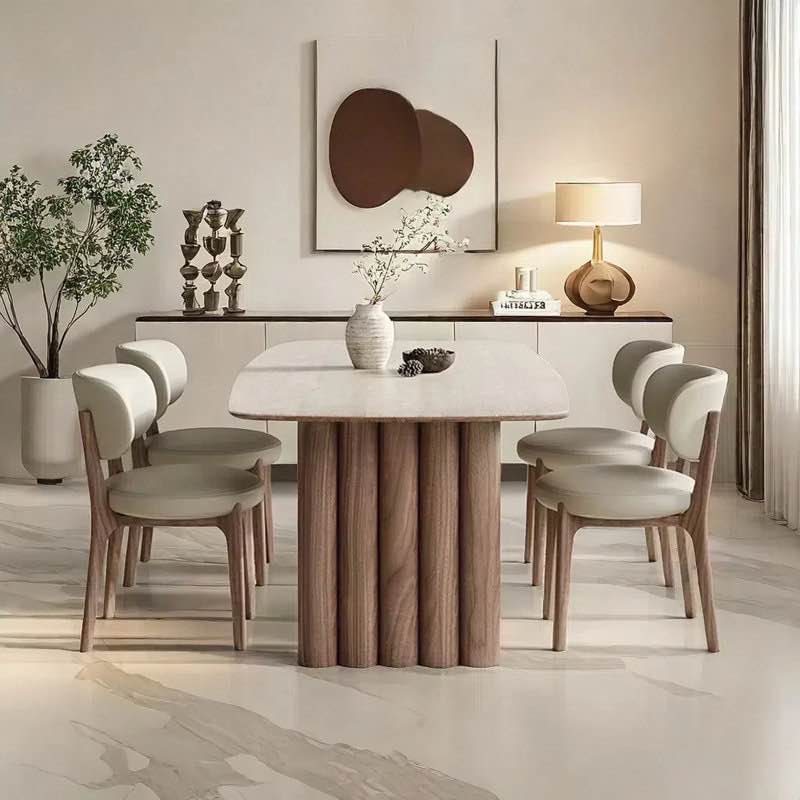 Rectangular Rock Plate Dining Table and Chair Set, Modern Oak Leg Base, Smooth Light Beige Roman Rock Slab Table Top, 4 Light Tan Cushioned Chairs with Oak Frames