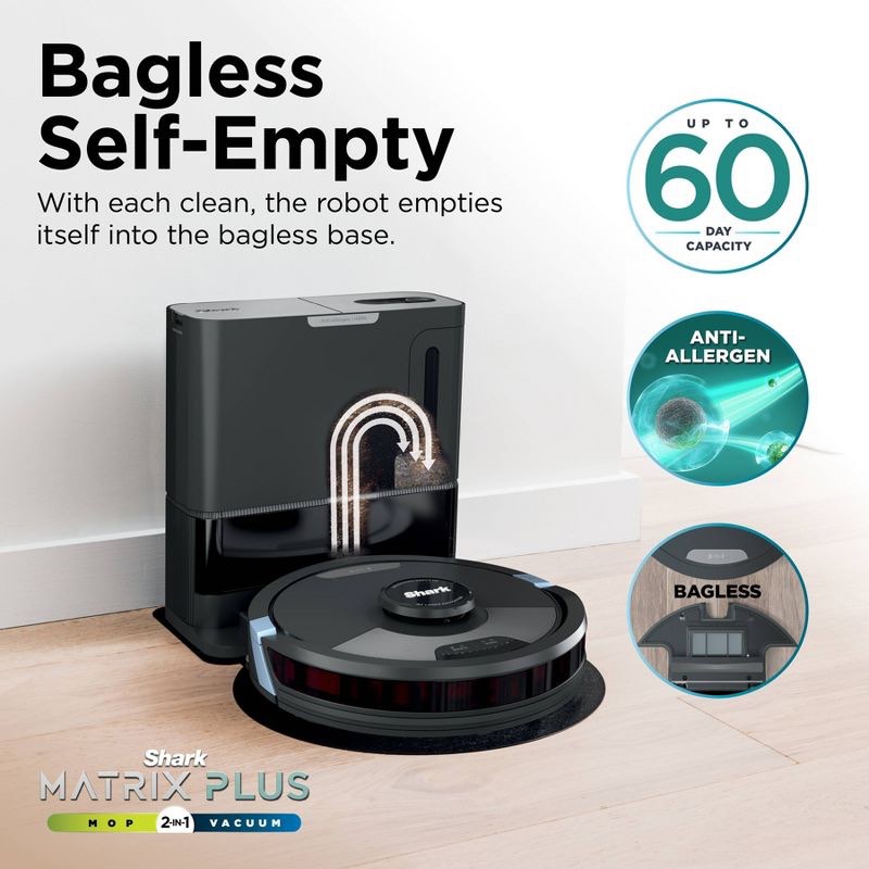 Effortless Clean up !!! Shark Matrix Plus 2in1 Robot Vacuum, Matrix Clean, HEPA Bagless Self Empty - RV2610WA: AI Ultra, Pet Hair, Multi-Surface. Wifi Enabled.