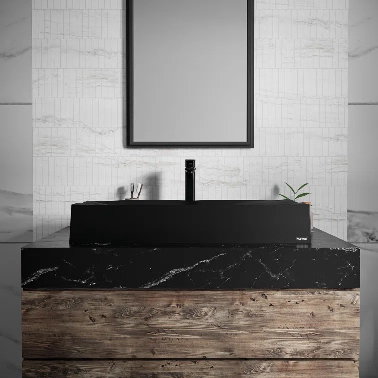 Karran Mirage 32 In. Quartz Rectangular Vessel Sink, Matte Black, Scratch/Rust/Stain Resistant 32.13'' L X 18.25'' W X 5.13'' H