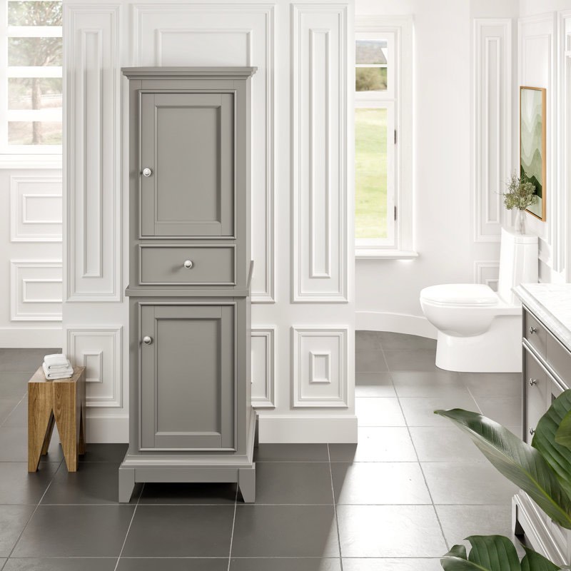 Pineville  Classic 23.4" W x 75.1" H x 18.5" D Free-Standing Bathroom Cabinet, Grey. 2 Cabinets with Shelves, 1 Drawer, Silver Knobs. 75.1'' H X 23.4'' W X 18.5'' D