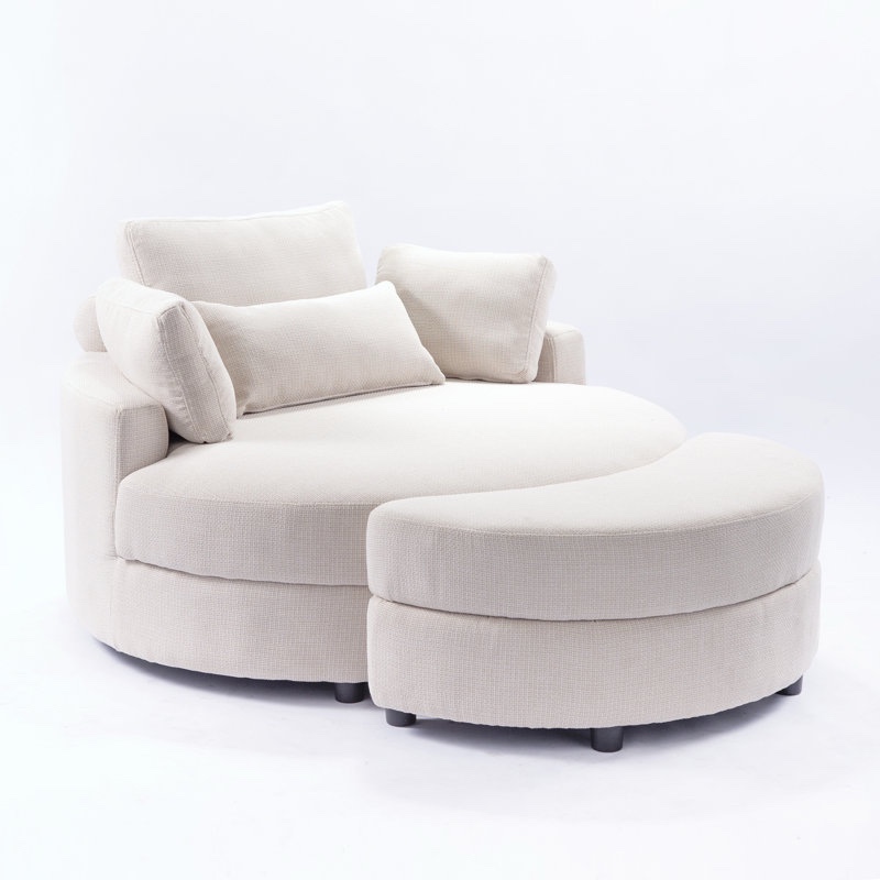 Danieal Upholstered Barrel Chair with Ottoman, Soft Light Beige Linen Barrel Chair, Pillows included. 27.6'' H X 51.2'' W X 51.2'' D