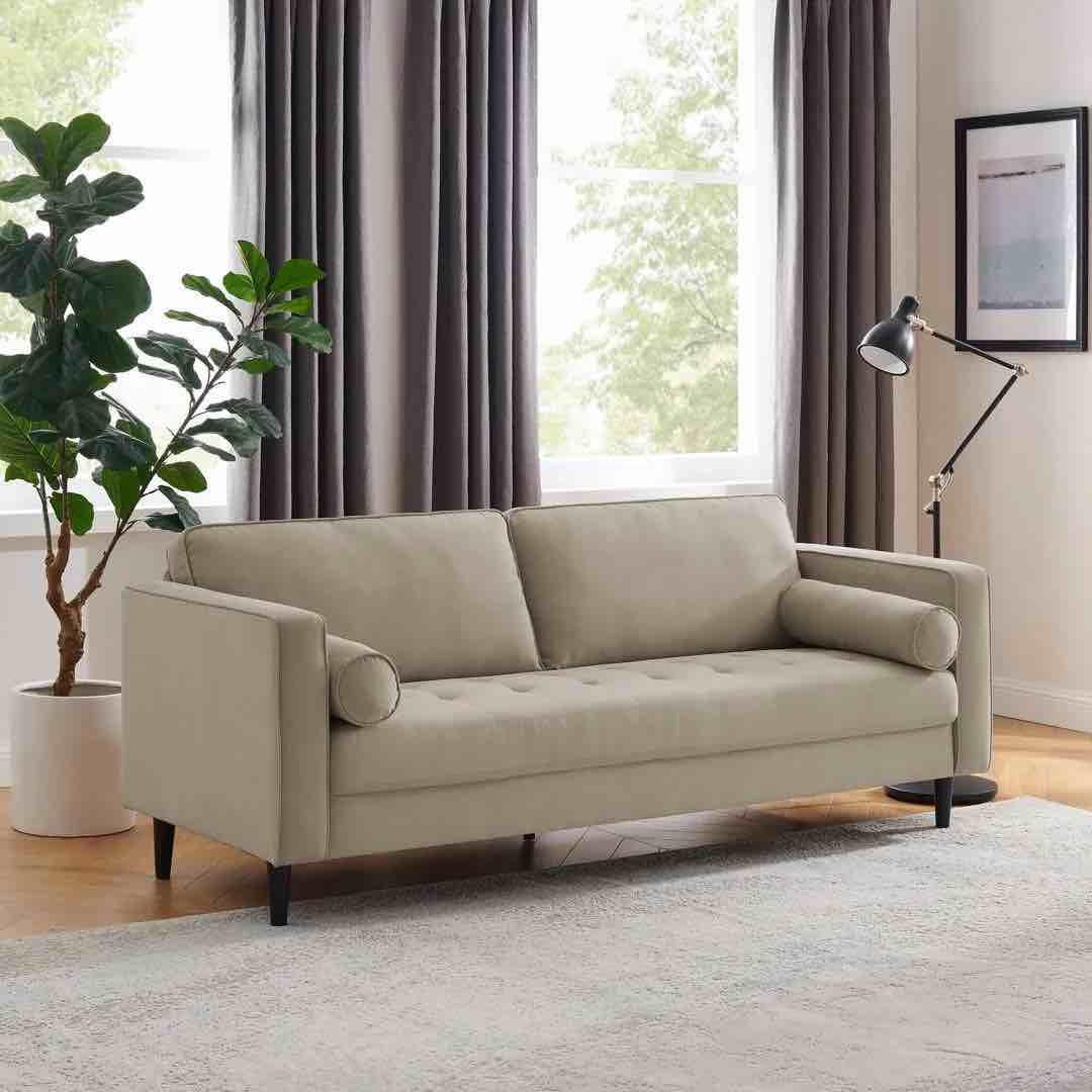 Jeses MINIMORE Modern Style Zakari 81.5" Tufted Mid-Century Modern Design Sofa, Beige Corrigan Studio Fabric, Wooden Feet in Espresso, Unassembled. All pieces included, gently used 