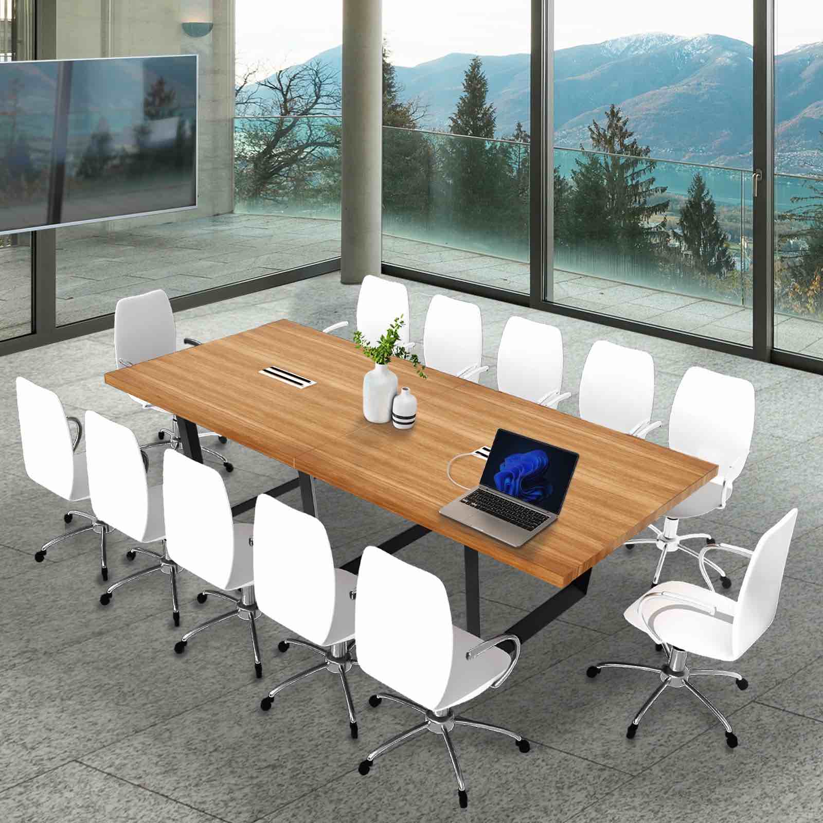 Sturdy 10’ Conference Table With Cable Management Grommets By Ahliss, Natural Light Wooden Table top, 3 Rectangular Black Metal Legs. Easy Assembly. Some hardware needs replaced, minor chip on left edge, otherwise beautiful condition