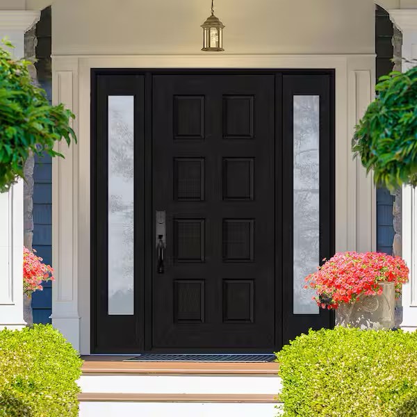 Featured Item!!! Regency 64 in. x 80 in. 8-Panel Right Hand In-Swing Onyx Stain Mahogany Fiberglass Prehung Front Door w/ Double 12inch Sidelites