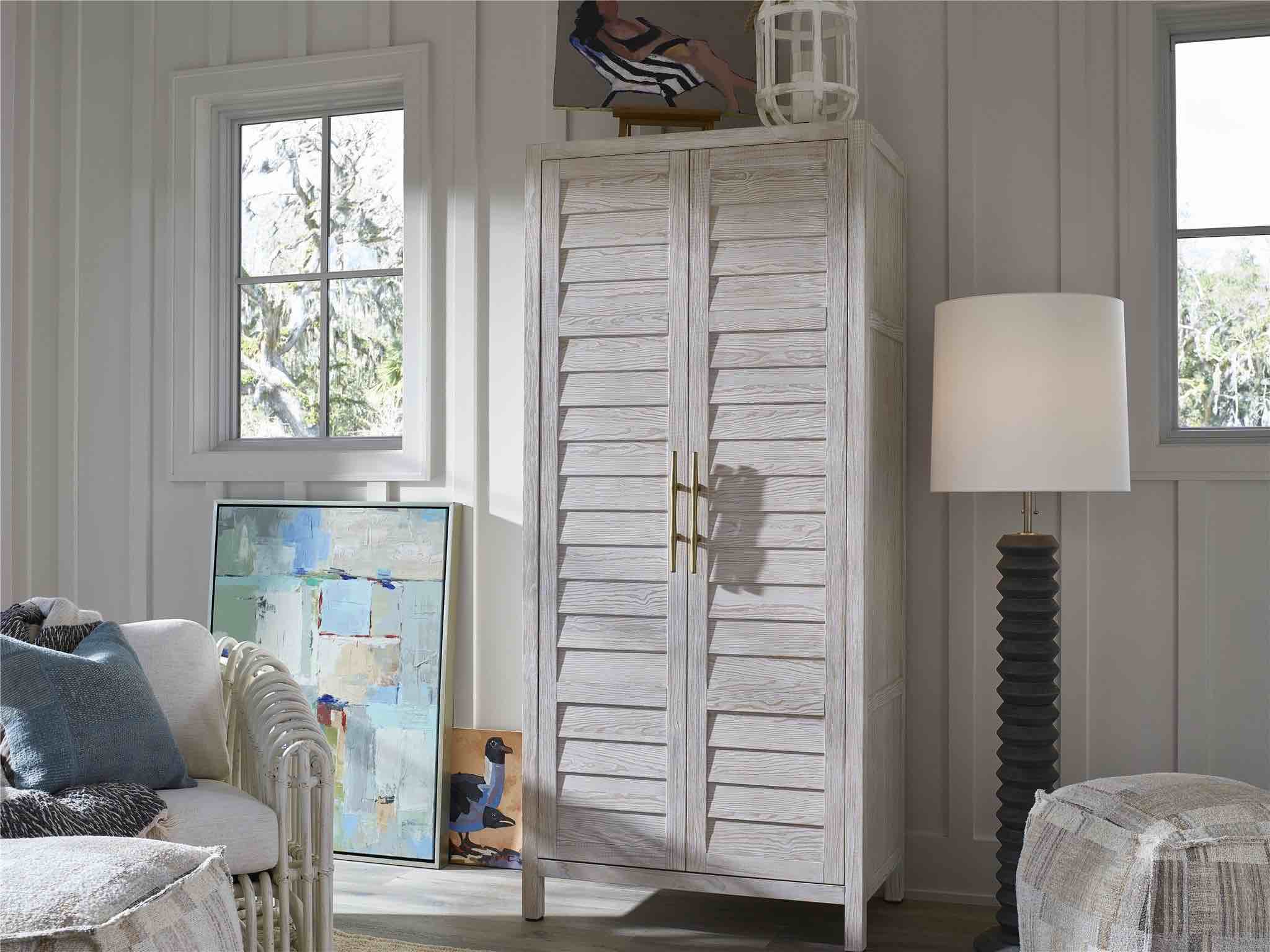 Getaway Utility Cabinet in Whitewashed Oat, 2 Panel Door Pinewood Cabinet with 4 Interior Drawers and 2 Shelves. Bronze Metal Handles. Minor Paint scuffs on back corners otherwise beautiful condition. W 36 x D 29 x H 80