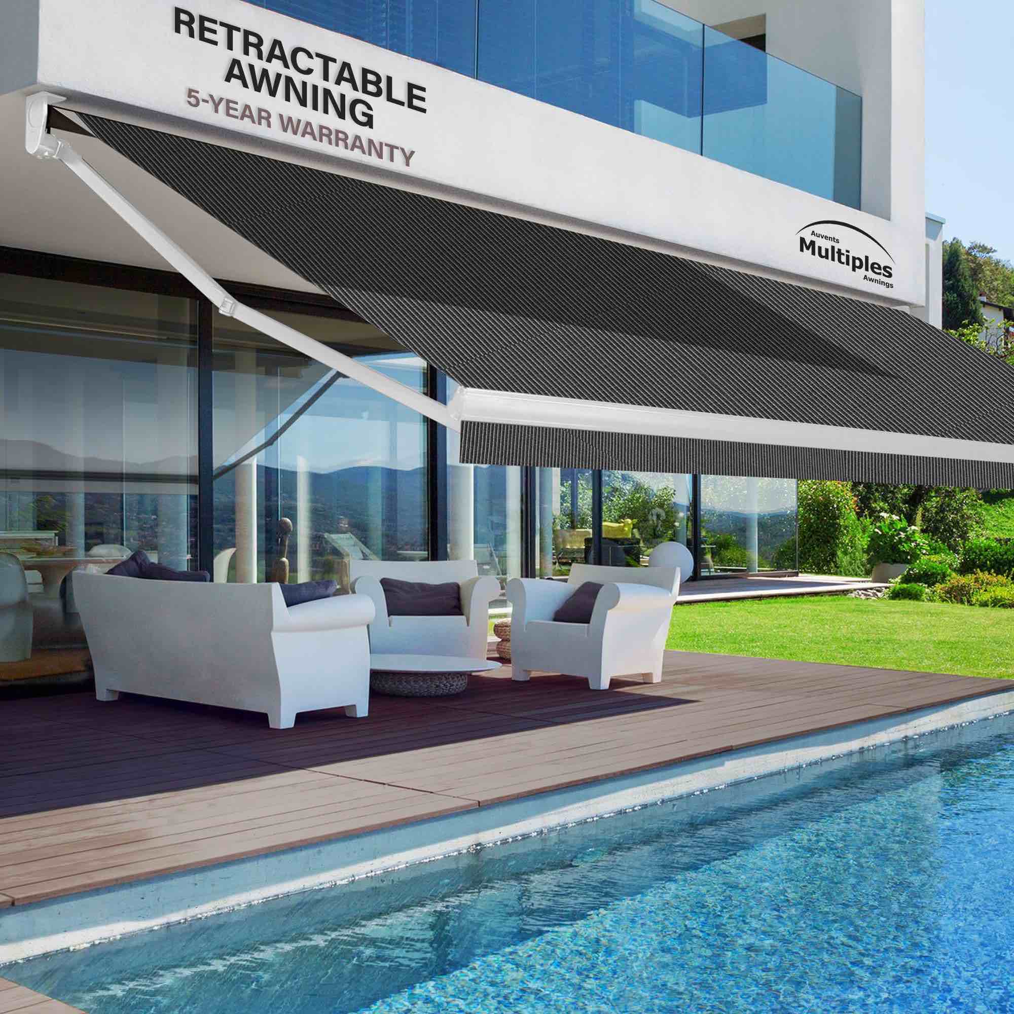 FEATURED ITEM!!! Brasilia Athena 18ft x 11.7ft Projected Motorized Awning, Charcoal Tweed Fabric, White Metal Structure	