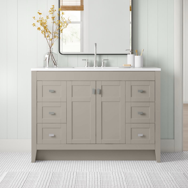 48.5" Single Bathroom Vanity in Grey with White Cultured Marble Top, 1 Open Space Cabinet, 6 Drawers, Silver Square Knobs. 35.21'' H X 48.50'' W X 18.75'' D