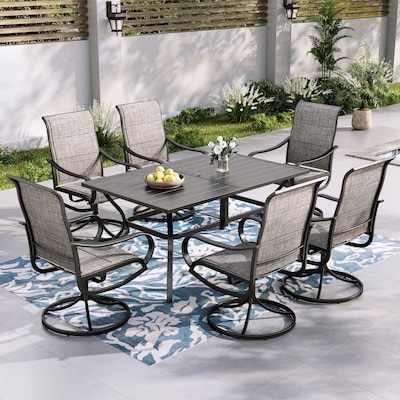 Sunshine Valley 7 -Piece Black Patio Dining Set. Water Resistant Steel Rectangle Table, 6 Metal Gray Swivel Chairs with Mesh Sling Fabric. Table Size: W38'' *L60'' * H28''