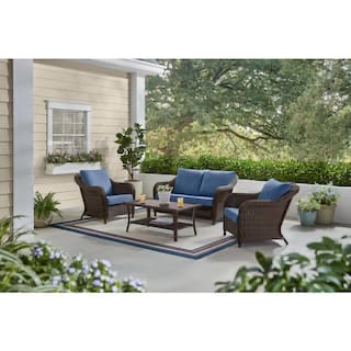 Hampton Bay Primrose 3-Piece Wicker Patio Conversation Deep Seating Set with CushionGuard Lake Blue Cushions. Dark Brown Rattan Wicker Chairs, 3 Seater Sofa 