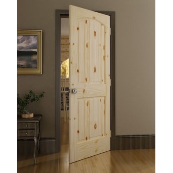 Pinewood Pre Hung Left Out Swing Door with Arched Panel. 32” W x 1” T x 80” H. Door in brand new condition, trim needs replaced/fixed on handle side