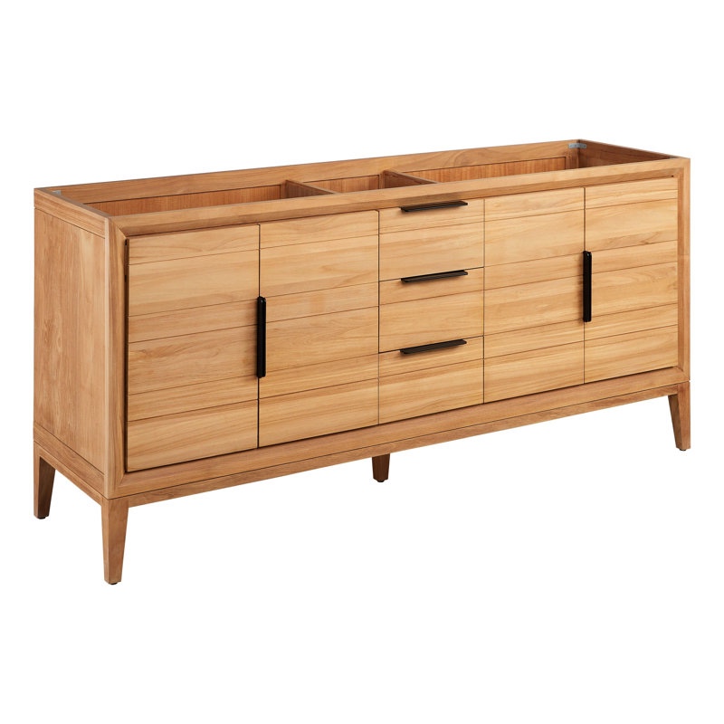 Aliso 72" Natural Style Teak Wood  Double Bathroom Vanity, 3 Drawers, 2 Cabinets with Shelf, Matte Black Handles. 34.25'' H X 72'' W X 22'' D