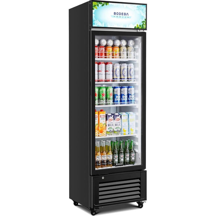 Bodega Cooler Commercial Glass Door Display Refrigerator. 11.3 Cu. Ft, Model: SC 330 FA. Can Hold: 160 Bottles or 240 Cans. LED Lighting, 4 Racks, Automatic Defrost