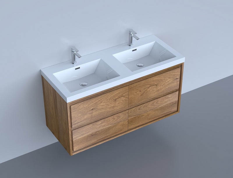 Moreno Oak Wall Mounted Double Bath Vanity, 4 Drawers, Sink top sold separately. Minor scuffing on drawer door. 47” W x 19.5” D x 23” H