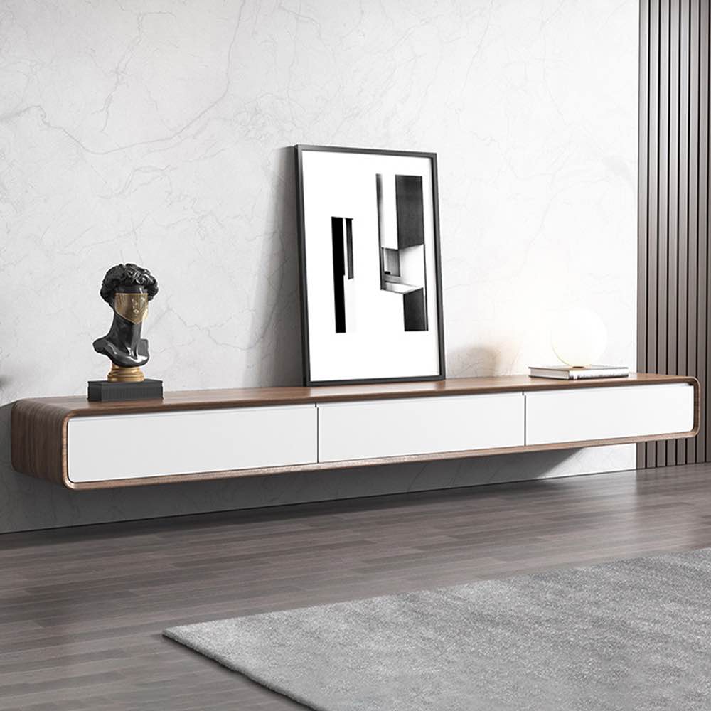 FLOAT - 63'' Minimalist Floating TV Stand, Solid Wood Walnut Frame, 3 Drawer with Single Pull Down Door in White. 62.99"W x 14.57"D x 9.84"H