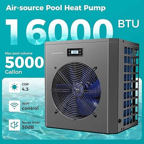 16000 BTU Swimming Pool Heater Pump. 5000 Gallon, Heating or Cooling Mode, WiFi Control Timer, 120V 60Hz