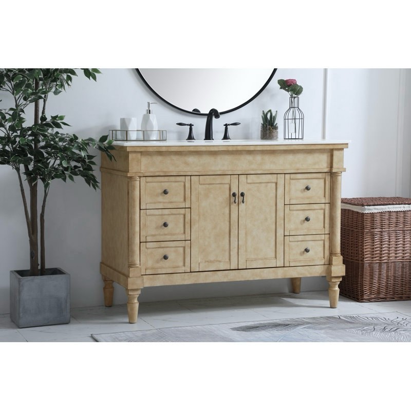 Lexington Antique Beige 48'' Single Birch Wood Traditional Stye Bathroom Vanity with White Quartz Top. 6 Drawers, 1 Cabinet with Shelf, Antique Metal Knobs. Very small chip on left edge of sink top and back left bottom edge, otherwise beautiful condition 