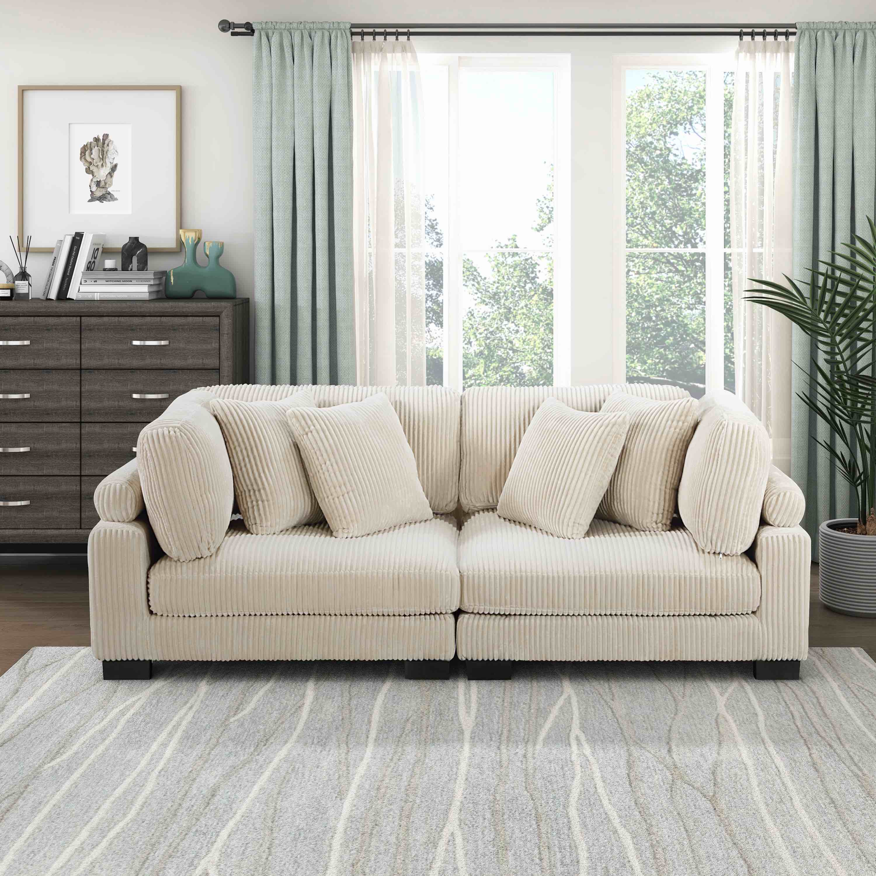 Brinsely 2 Piece Soft White Corduroy Sectional with Pillows. 34.5'' H X 90'' W X 45'' D
