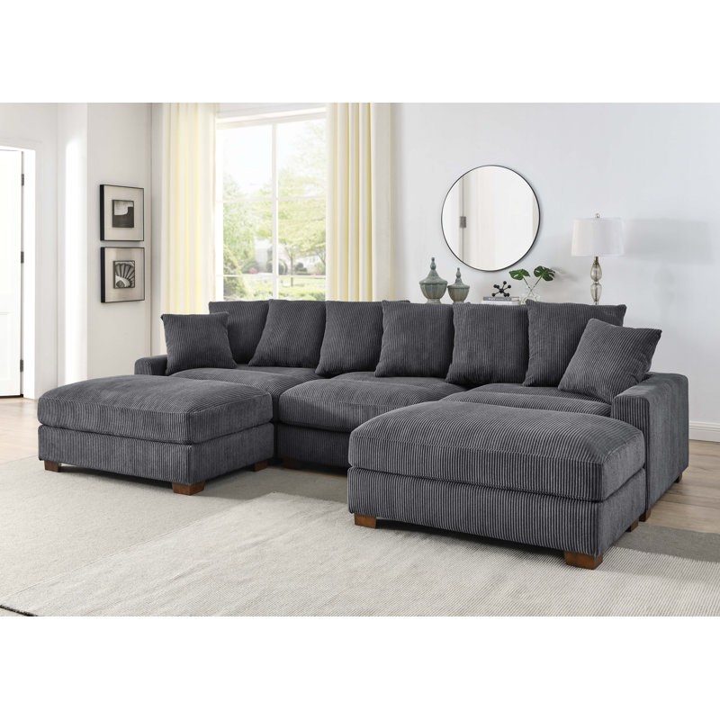 Ashira 3 - Piece Plush Corduroy Sectional in Grey, Ottomans sold separately, 3 Boxes Total. 