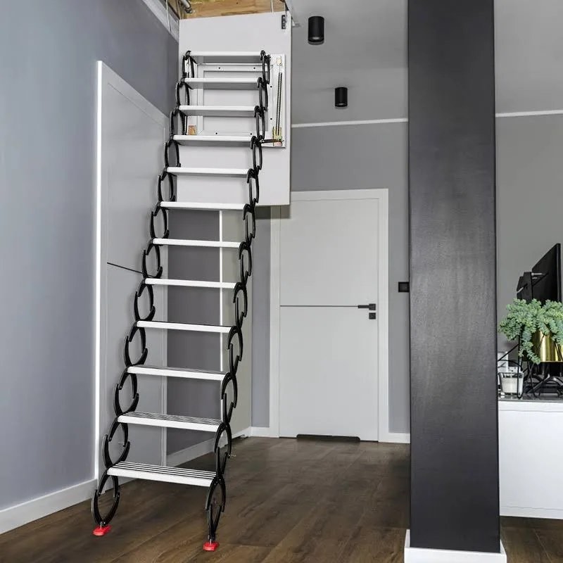 VEVOR Pull Down Attic 12 Stair Alloy Access Ladder, Wall-mounted Folding Retractable Attic Ladder with Armrests, S-Bent Black Rivets, Grey Steel Steps, Max. loading capacity: 660 lbs. 9.8 ft Height. 1/2” scuff on 1 step whole set up is brand new