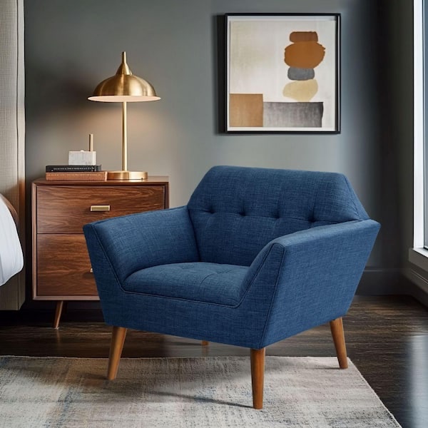 Newport Classic Blue Tufted Lounge Arm Chair, Polyester Fabric, Warm Brown Wooden Legs