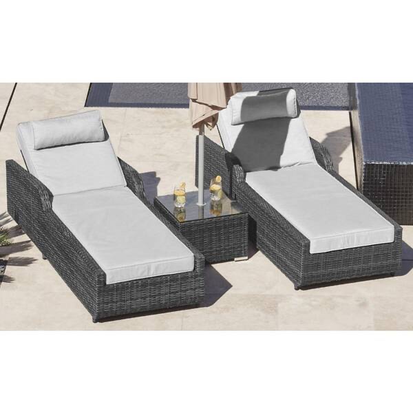 Outdoor Wicker Chaise Loungers, Set of 2. Sleek grey rattan, aluminum frame, Light Blue Sponge Cushioning, Hidden wheels for easy moving. 