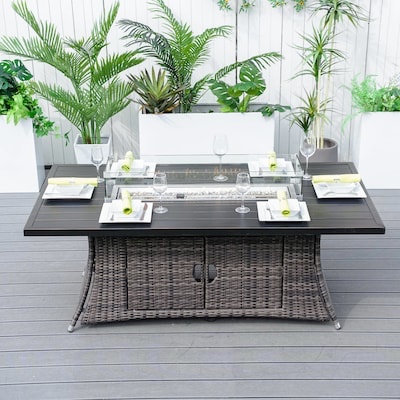 Direct Wicker 70.8-in W Portable Wicker Rectangle Propane Fire Pit Table, Brown Rattan Wicker with Aluminum Frame, Electric Ignition, Liquid Propane can be converted to natural gas, 50,000 BTU Stainless Steel Burner, Glass Rocks Included