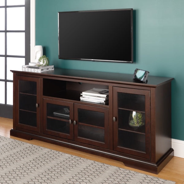 Walker Edison Brahm Classic TV Stand in Espresso. Unassembled, 4 Glass Door Cabinets with 6 Adjustable Shelves, One Open Shelf, fits TVs up to 80”. 70.00" x 16.00" x 30.00"