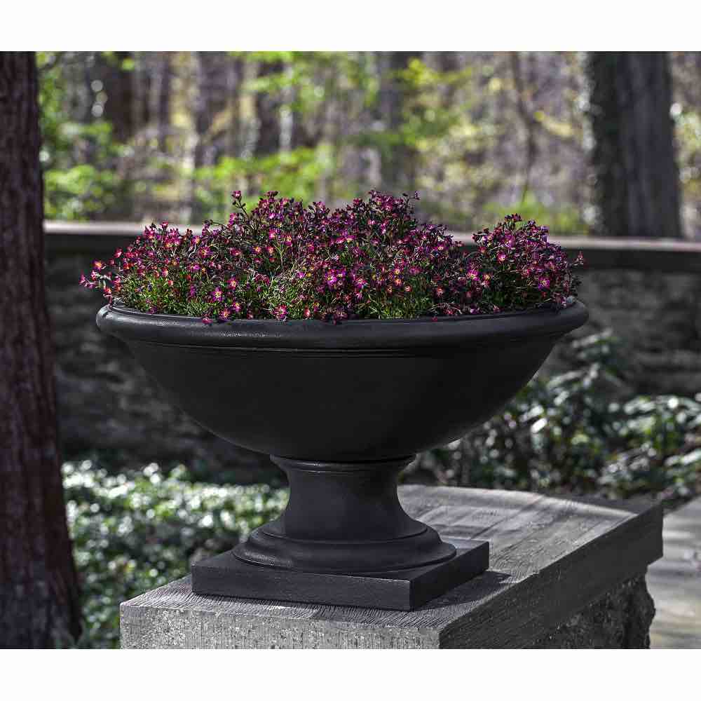 Palazzo Black Handmade Urn Planter, 28” W x 21” H, Solid Stone, Has Drainage Hole. Minor scuffing/small paint chip easily painted over.