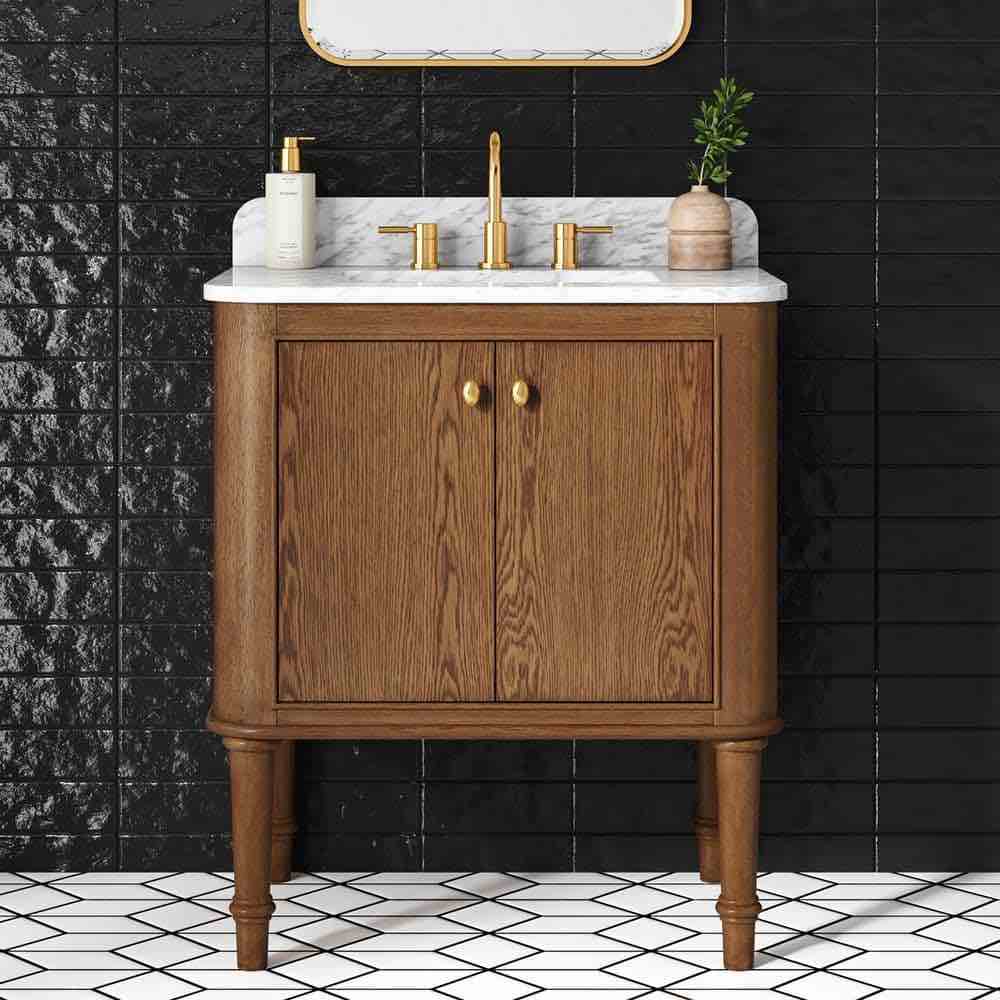 Collette Single Sink Cinnamon Oak Bath Vanity with White Carrara Marble Top. 1 Open Space Soft Close Cabinet, Gold Brushed Knobs, Backsplash Included, 30 in. W x 22 in. D x 35 in. H. Factory defect- slight discoloration to marble, vanity is brand new 