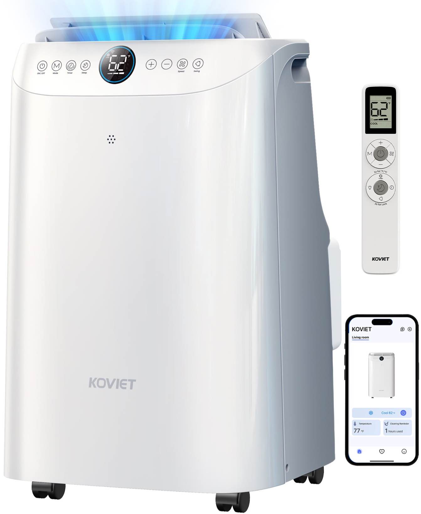 KOVIET 12000 BTU Wi-Fi Portable Air Conditioner, 6-IN-1 Smart AC Unit with APP & Voice & Remote Control, Auto-Evaporation, Quiet Cooling, 24H Timer, Dehumidifier, Fan, Window Kit Included, White. 14’ Distance, 500 Sq. Ft. Coverage