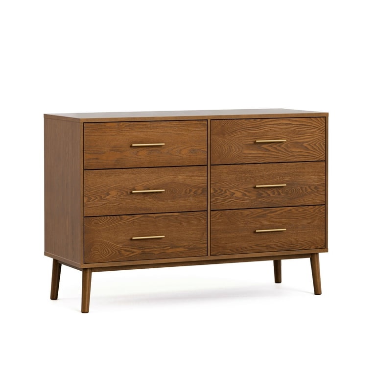Tromso Classic 6 Drawer Walnut Dresser, Shining Gold Handles. Drawers need refined, some markings on dresser top. 47"W x 17.5"D x 32.5"H