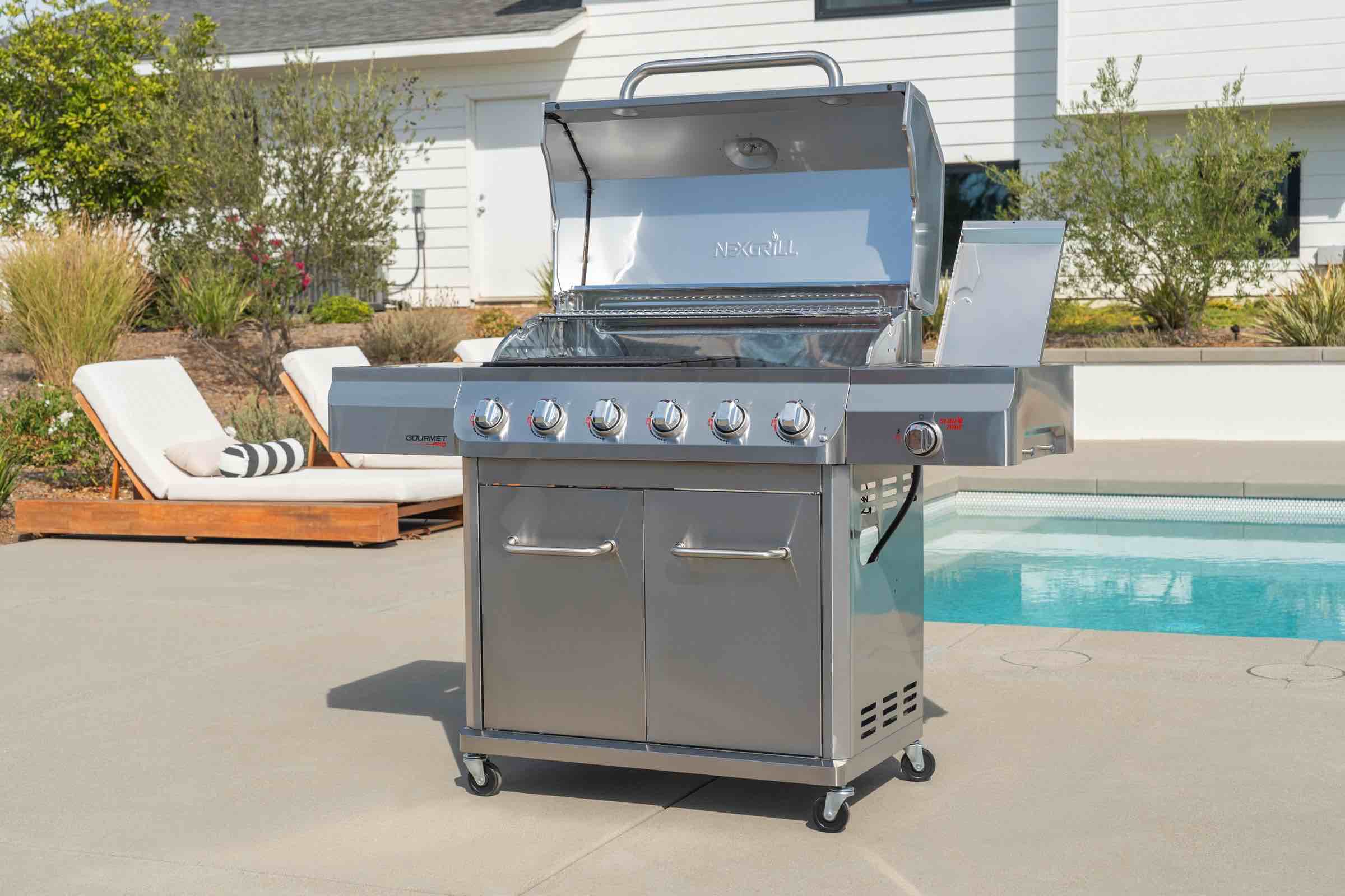 Gourmet Pro 6-Burner Stainless Steel Natural Gas Grill with Searing Side Burner, Dual Valve for Propane and Natural Gas Use. 75,000 total BTU, Stainless Steel Griddle Max Cooking, Electronic Ignition System. 