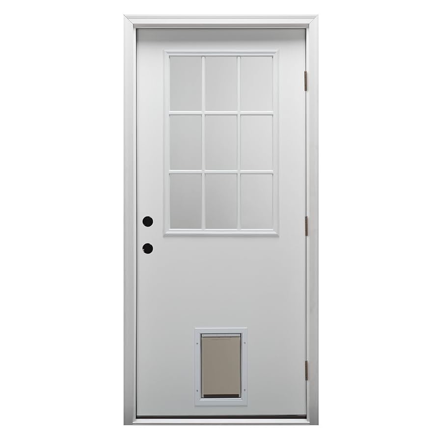 National Door Company ZZ00383L Fiberglass Smooth Primed, Left Hand in-Swing, Prehung Door, 9 Lite with Pet Door, Clear Glass, 36" x 80". Some damage on trim, back panel, and edging. Back Glass Panel easily replaced as can trim, scrapes can be repainted. 