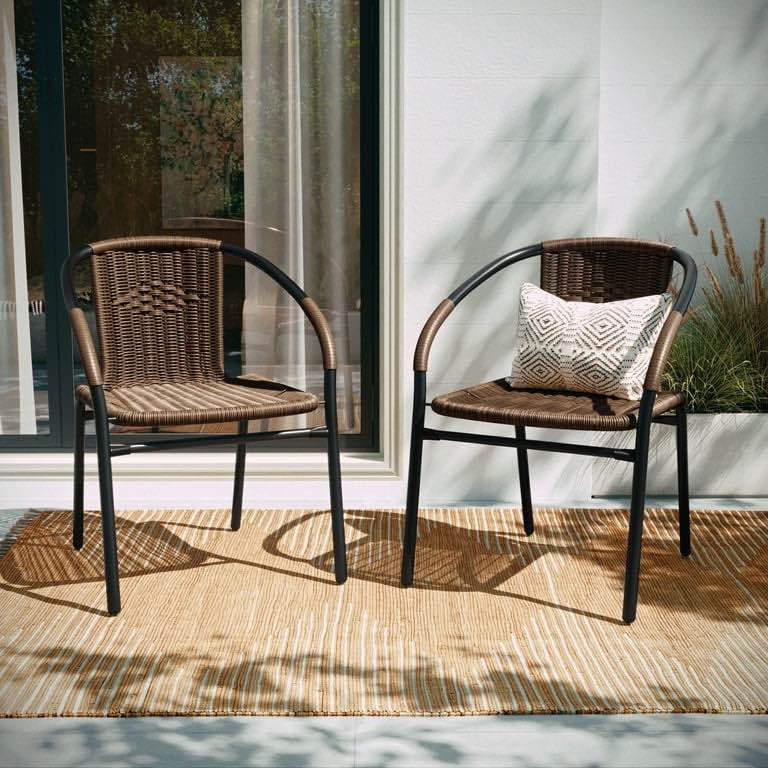 Emma + Oliver 4 Set Medium Brown Rattan Indoor-Outdoor Dining Chairs, Brown Rattan Seating, Black Powder Coated Metal Frame. Set of 4