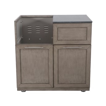 allen + roth Driftwood Shore Outdoor Kitchen Cabinet for Char Broil Medallion Side-burner. All Weather Aluminum Cabinets, Solid Dark Granite Countertop, Hand Painted and Powder Coated Driftwood Grain, Stainless Steel Handles, Ventilated Back + Sides. 36.02-Inches W x 24.21-Inches D x 35.83-Inches H 
