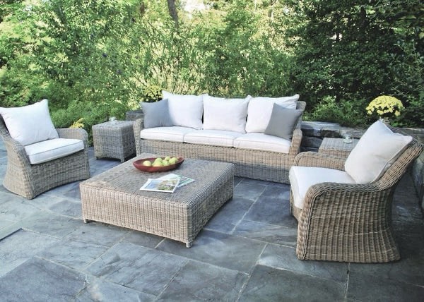 Kingsley Bate Sag Harbor Coastal Style Outdoor Patio set in Oyster with 3 Seater Wicker Sofa, 2 Wicker Chairs, Cushions sold separately for your own customization. 