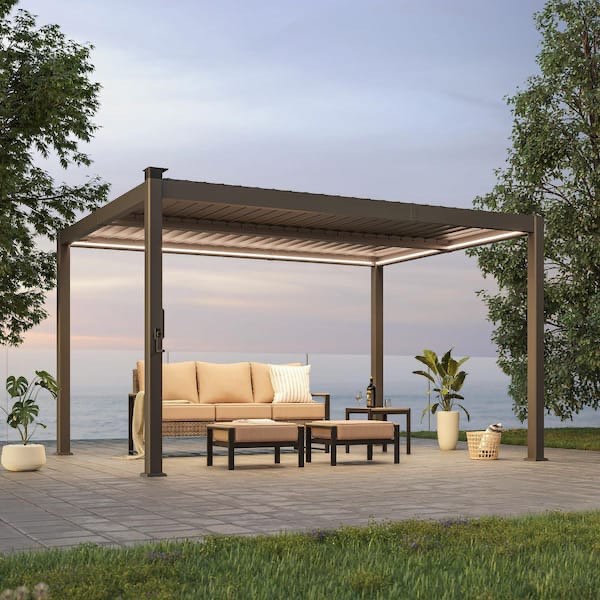 Featured Item!!!!! Sereno Series 10 ft. x 13 ft. All-Aluminum Weather Resistant Pergola. Adjustable roof settings, easily installed. Light Beams Sold Separately. 
