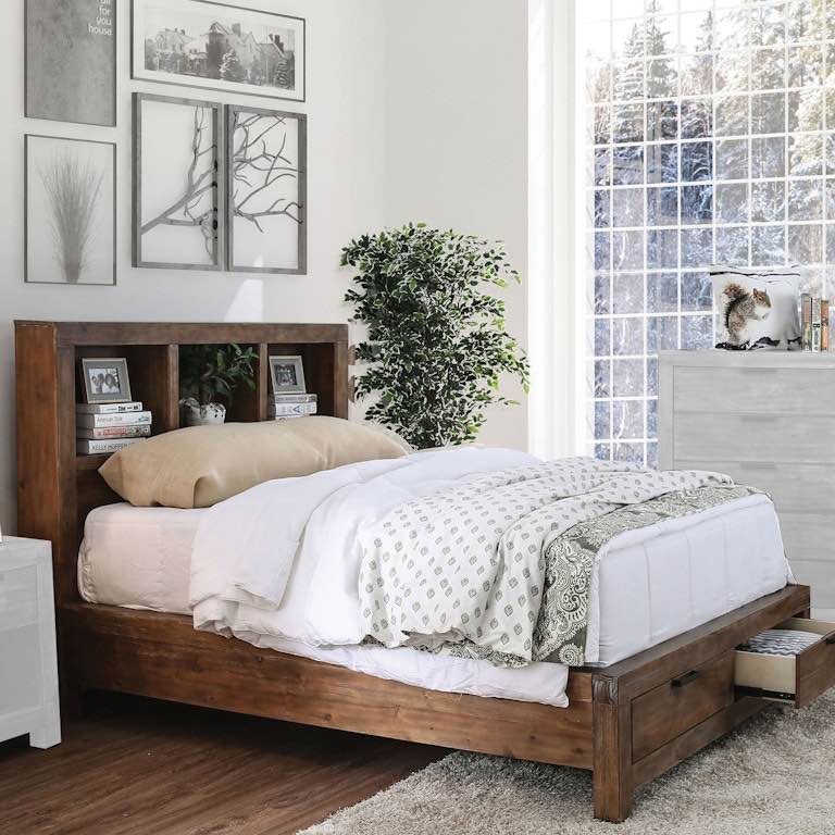 Furniture of America McAllen Light Oak Cal King Bed, Bookshelf Headboard and Footboard with Drawers in brand new condition. Headboard & Footboard Only, Side Rails and Slats need replaced.