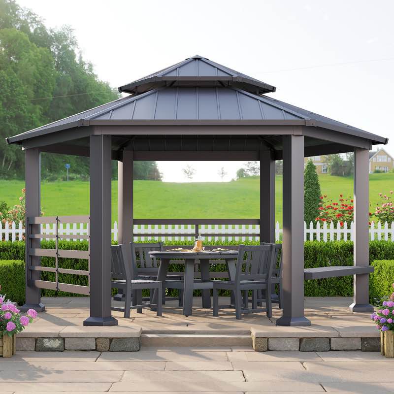 Classic 13x15 FT Aluminum Alloy Hexagon Gazebo With Dual Rails. Weather resistant, modern style, dark grey aluminum. Half Posts, rails, and top part of roofing only, in brand new condition