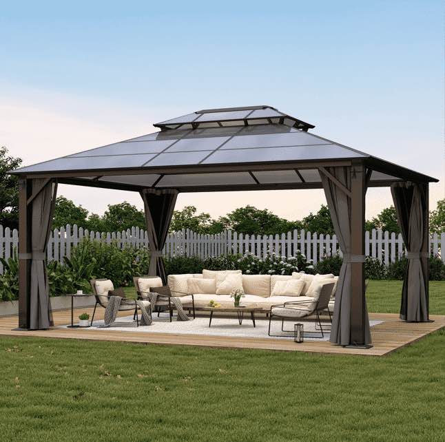 12X16FT POLYCARBONATE DOUBLE ROOF GAZEBO, Posts, Support Beams, and Roof interior hardware only. Roofing and Side beams need replaced