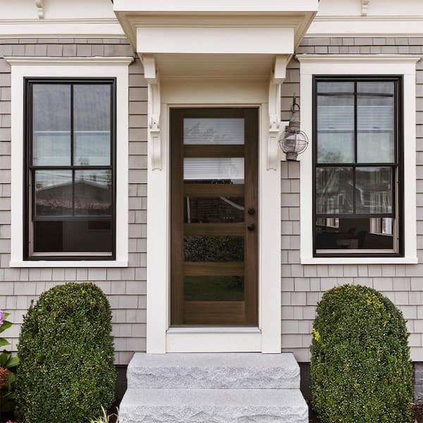 36 in. x 80 in. Modern Hemlock 5-Lite Left-Hand/Inswing Black Stain Wood Prehung Front Door with Black Painted Back