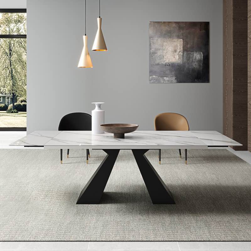 Feature Item!!! Joceline 78.74" to 110.23" Modern Extendable Rectangular White Sintered Stone Dining Table (Oversized Loading Included)