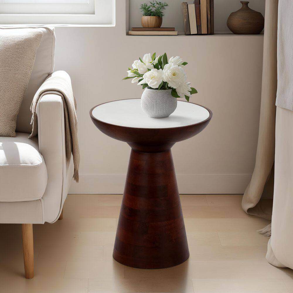 16 in. Natural/White Round Wood Accent Table with Marble Top, Walnut Base and Solid White Marble Stone Top. Minor discoloration on edge
