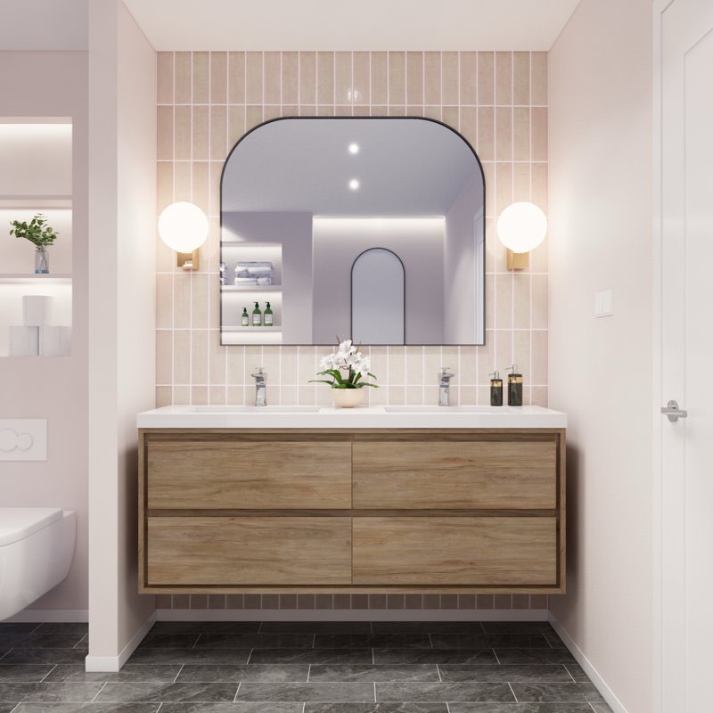  60" Wall Mounted Vanity with 4 Drawers, Teak Oak Wood, Inlet Handles, Sink top sold separately. 59.00"W 24.80"H 19.75"D