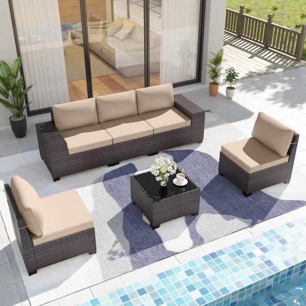 ALAULM 6 Piece Patio Furniture Set. 3 Seat Sofa, 2 Chairs, 1 Coffee Table. Rattan Wicker in Espresso, Interchangeable Pieces for a Multitude of Styles, Cushion Covers Sold Separately for Your Own Customization.